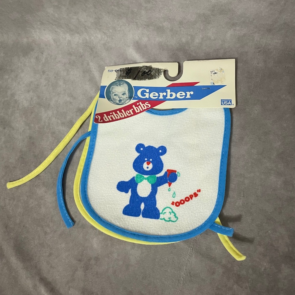 Gerber Dribbler Bibs‎ Kids OS White NEW Vintage 1989 Teddy Bear 2-Pack USA Made